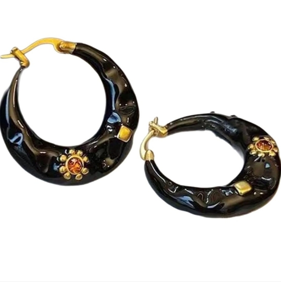 Boho-chic black enamel drip earrings; nwot - Picture 4 of 8